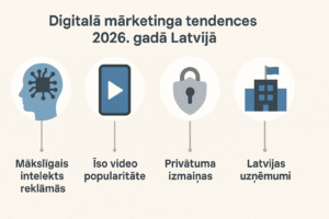 Digitālā mārketinga tendences 2026 Latvijā jau veido jaunu realitāti – mākslīgais intelekts, personalizēts saturs un īsie video kļūst par normu. Uzzini, kā uzņēmumiem pielāgoties un iegūt priekšrocības!